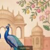 Royal peacock pair wallpaper in Mughal palace setting with lotus flowers and ornate Indian architectural design in pastel tones