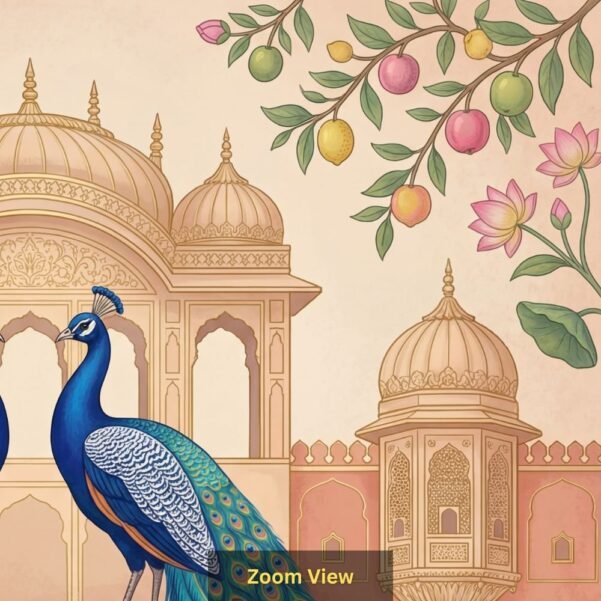 Royal peacock pair wallpaper in Mughal palace setting with lotus flowers and ornate Indian architectural design in pastel tones
