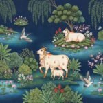 Indian miniature style wallpaper featuring sacred cow and calf near lotus pond with cranes, floral motifs, and lush greenery on deep blue background