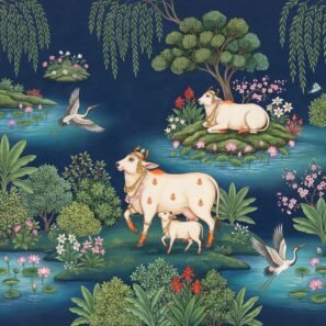 Indian miniature style wallpaper featuring sacred cow and calf near lotus pond with cranes, floral motifs, and lush greenery on deep blue background
